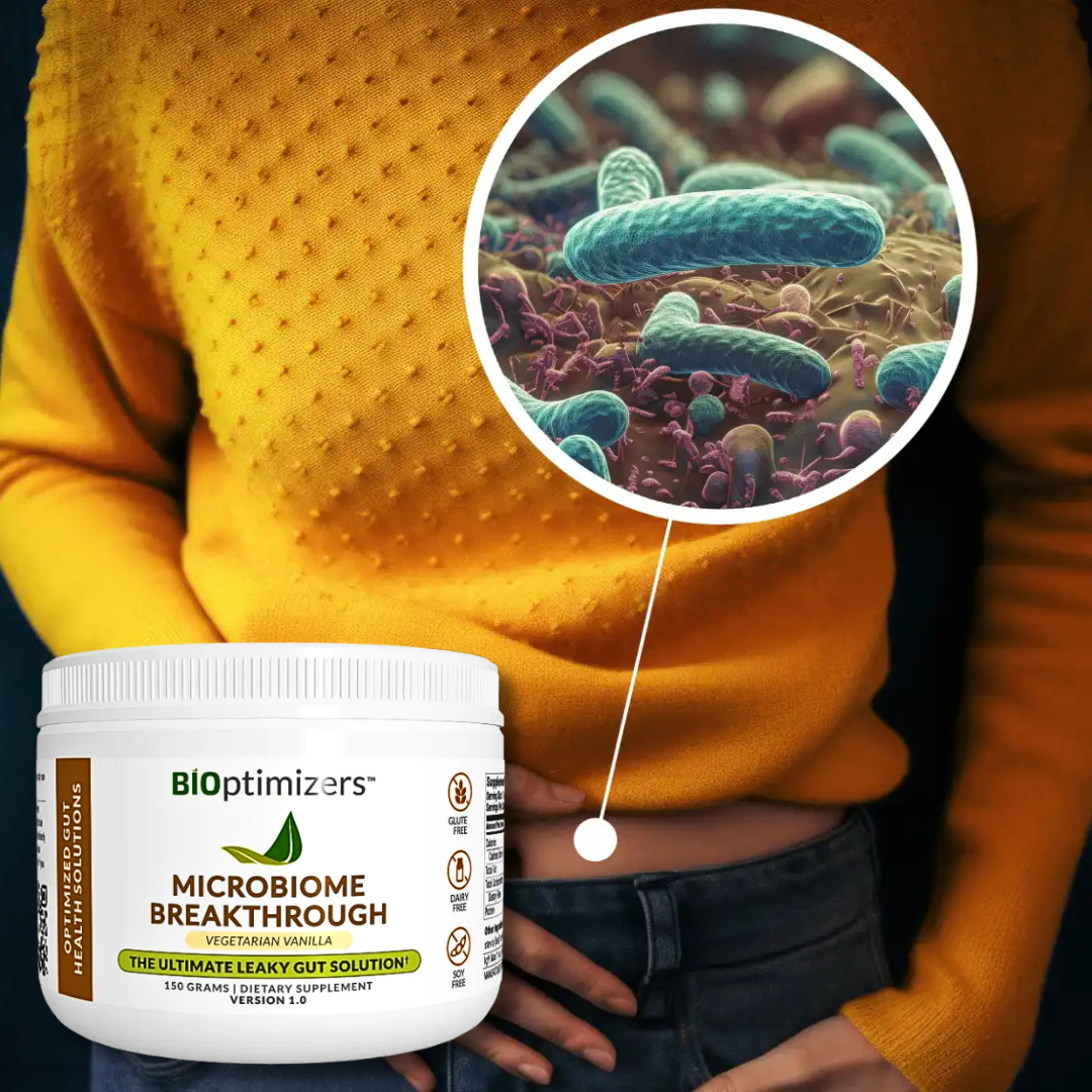 BiOptimizers Microbiome Breakthrough Vanilla jar with a magnified gut-microbiome graphic over the abdomen